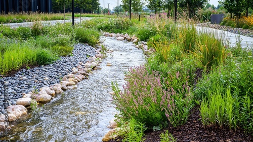 Stream Flowing Through Lush Bioswale Landscape