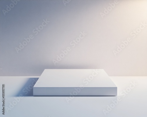 Minimalist white square podium on a white background with soft lighting.