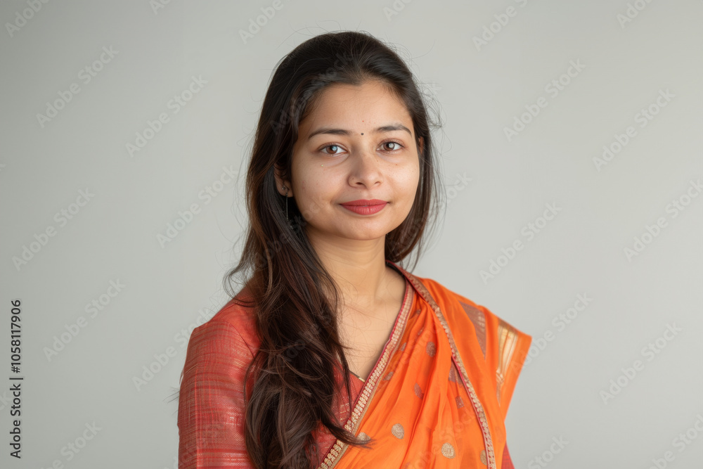 A young woman smiles while wearing traditional Asia attire, featuring intricate patterns and golden accessories. The soft background highlights her elegance and cultural beauty. A young woman smiles while wearing traditional Asia attire, featuring intricate patterns and golden accessories. The soft background highlights her elegance and cultural beauty.