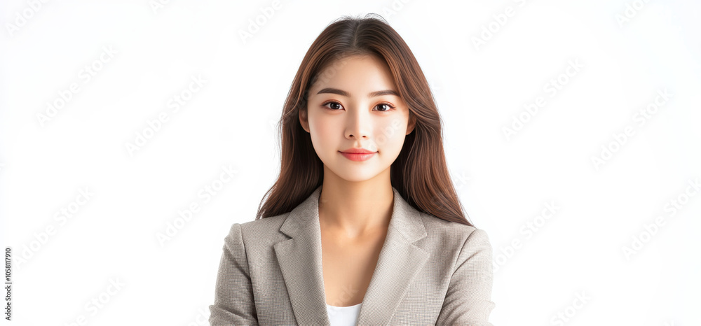 Portraits of Asian women in simple casual attire, standing against plain white background, wear minimal makeup display natural expressions, emphasizing modern, everyday style.