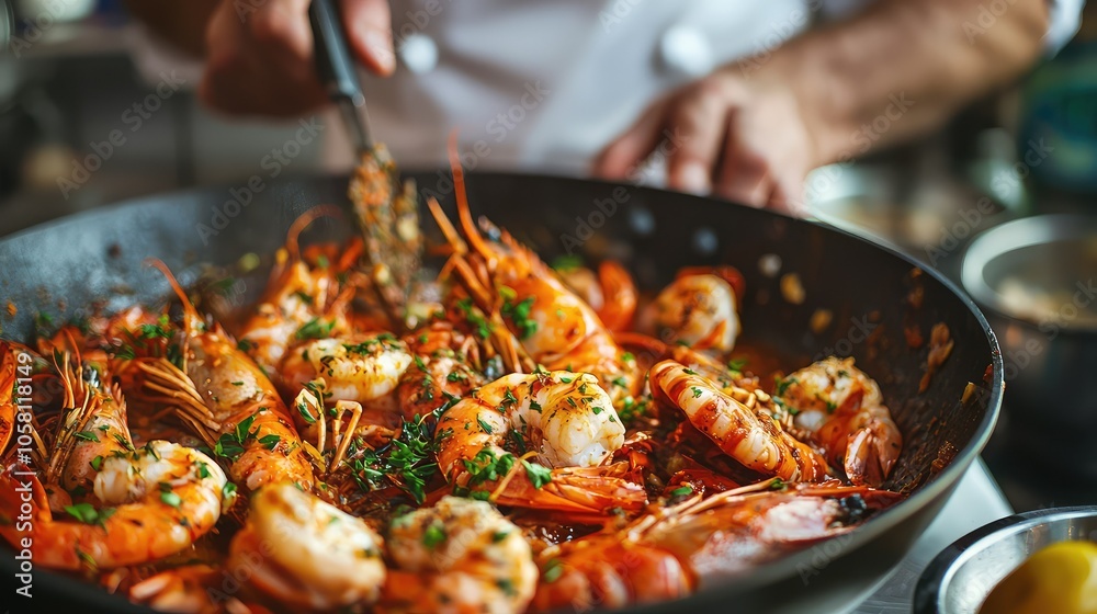 Chef Preparing Gourmet Seafood Dish in Kitchen