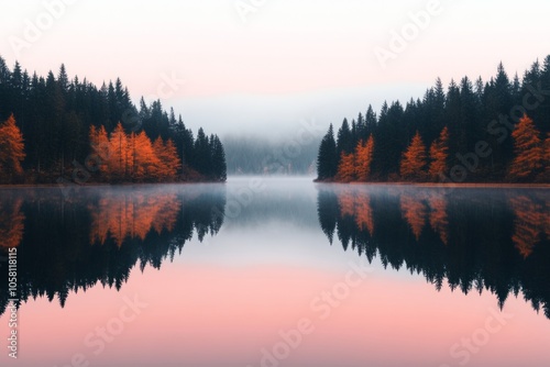 Misty morning reflecting on still lake with autumn trees on the edges, mirroring the sky.