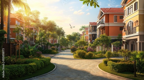 Bright and Sunny 3D Illustration of a Luxurious Neighborhood