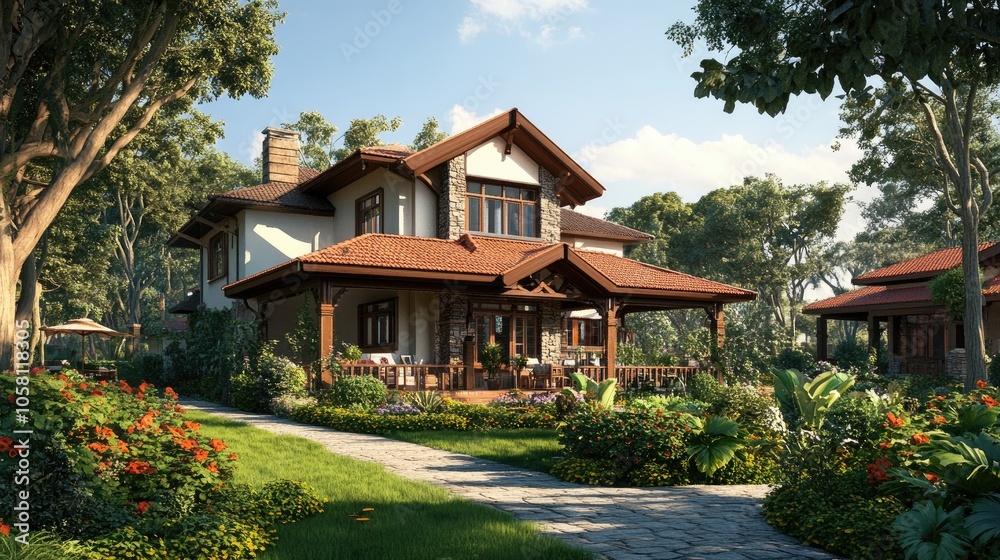 Charming 3D Digital Rendering of a House Elevation Charming 3D Digital Rendering of a House Elevation