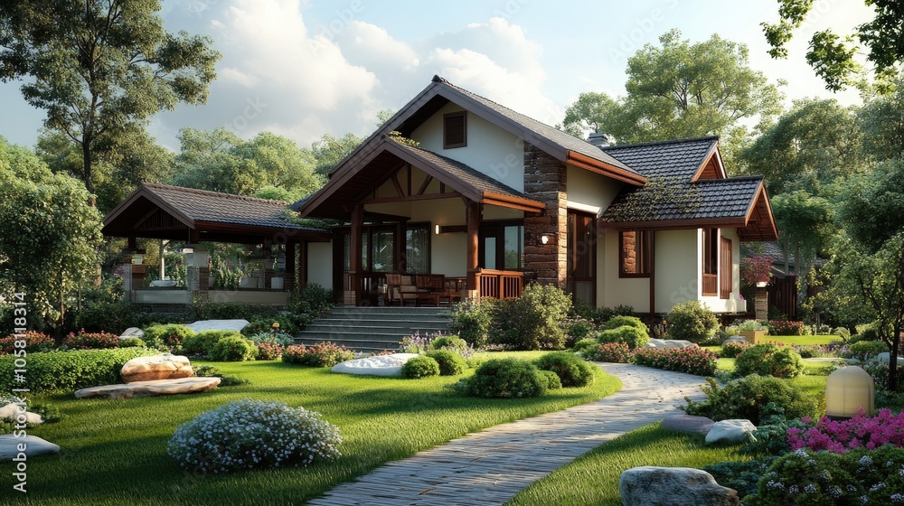Charming 3D House Rendering with Lush Landscape