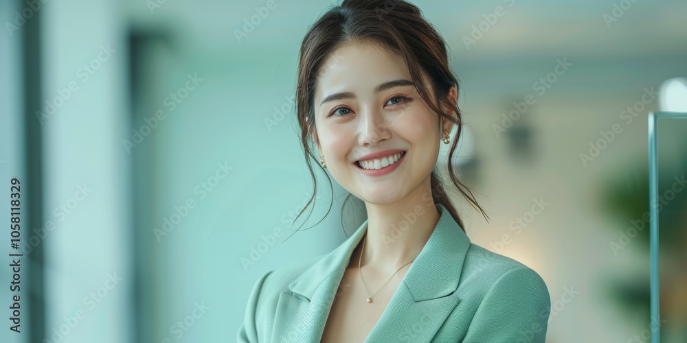 A Young Asian businesswoman in a pastel green suit poses confidently against a soft grey-green backdrop, embodying leadership and fashionable office attire, ideal for corporate use. A Young Asian businesswoman in a pastel green suit poses confidently against a soft grey-green backdrop, embodying leadership and fashionable office attire, ideal for corporate use.