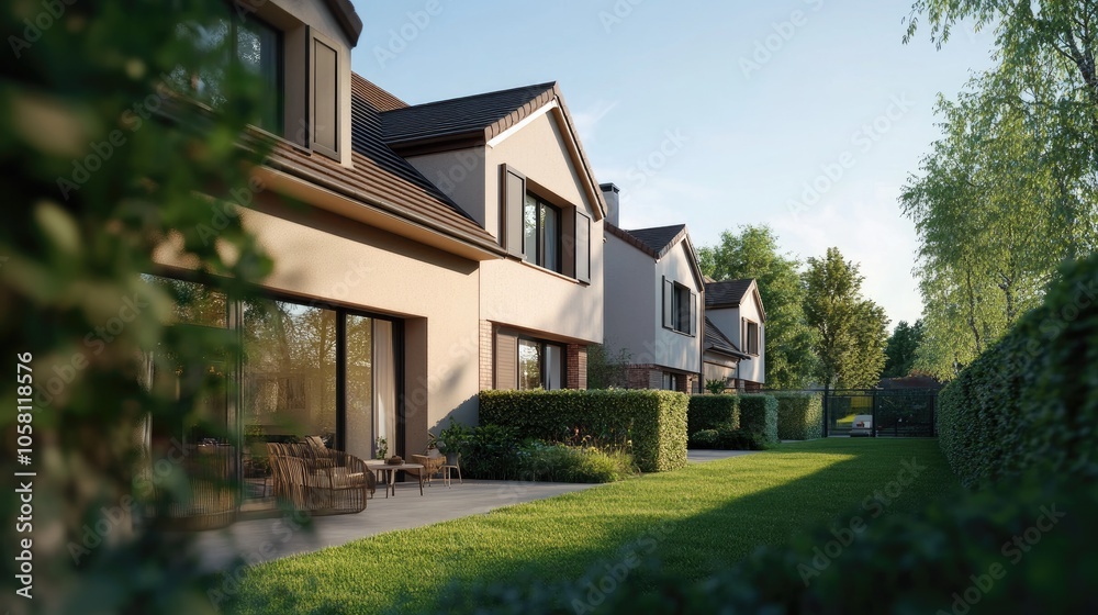 Charming 3D Illustration of Modern Townhouses Charming 3D Illustration of Modern Townhouses