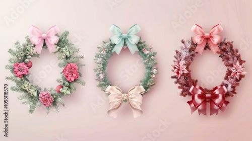 
Merry Christmas Happy New Year Pastel greeting card decorated with wreath Garlands and bows in pink, red and green.