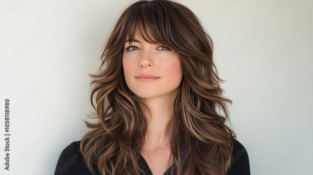 Elegant Woman with Long, Flowing Hair and Soft Expression Elegant Woman with Long, Flowing Hair and Soft Expression