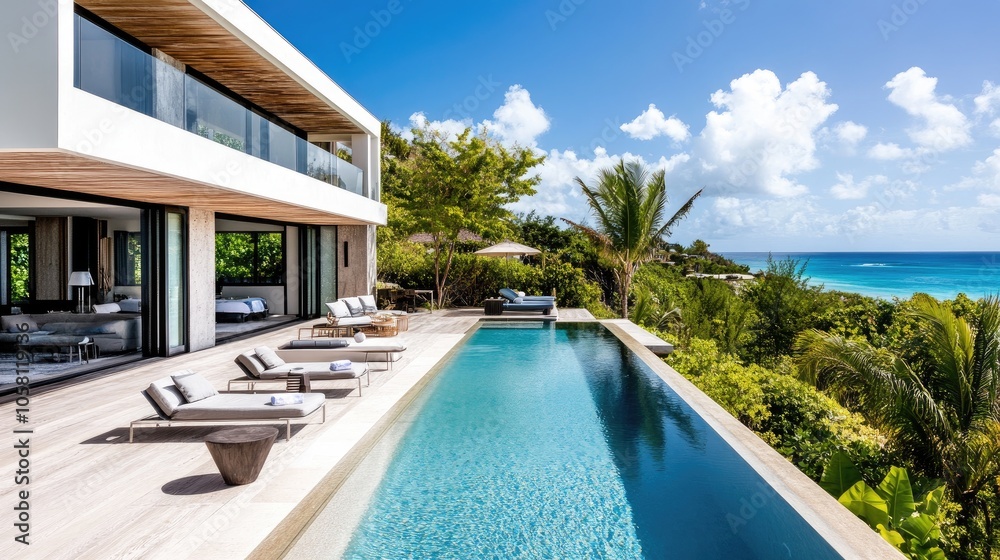 Fototapeta premium Modern Beach Villa with Panoramic Ocean View