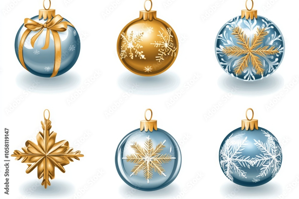Assortment of blue and gold Christmas baubles with intricate designs showcasing a blend of classic and festive holiday decor Assortment of blue and gold Christmas baubles with intricate designs showcasing a blend of classic and festive holiday decor