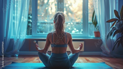 A vibrant teenager performs a stunning yoga pose near a window, embodying strength and beauty in a peaceful setting.