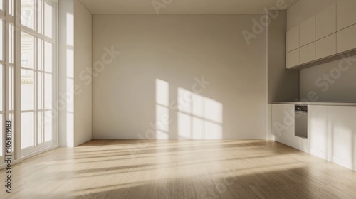 Bright Contemporary Empty Room with Kitchen Corner