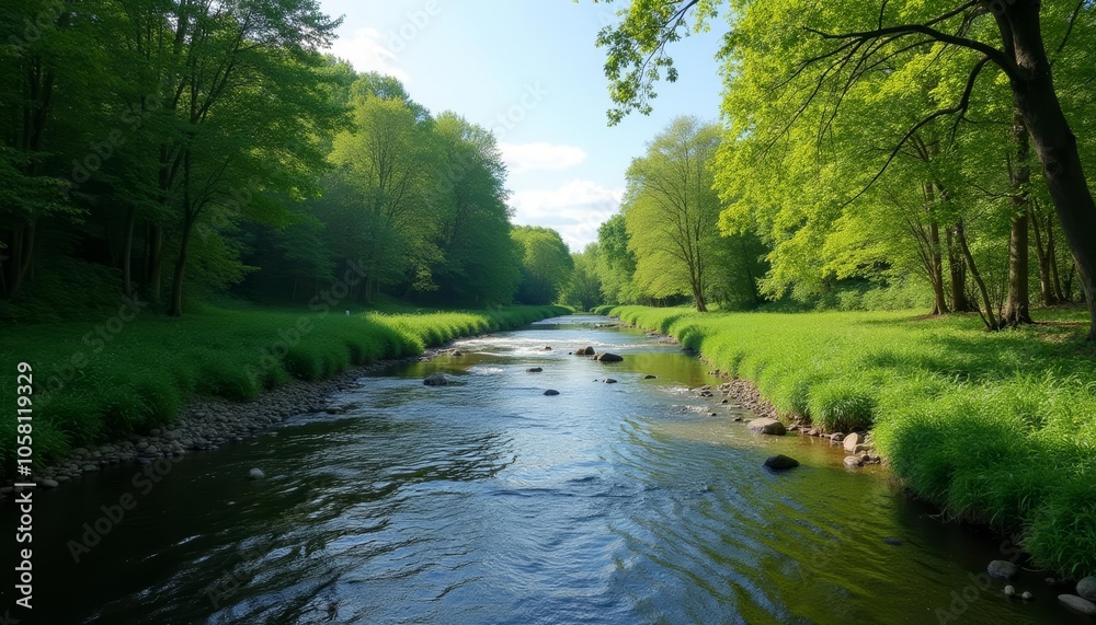 Tranquil stream meandering through lush greenery Tranquil stream meandering through lush greenery