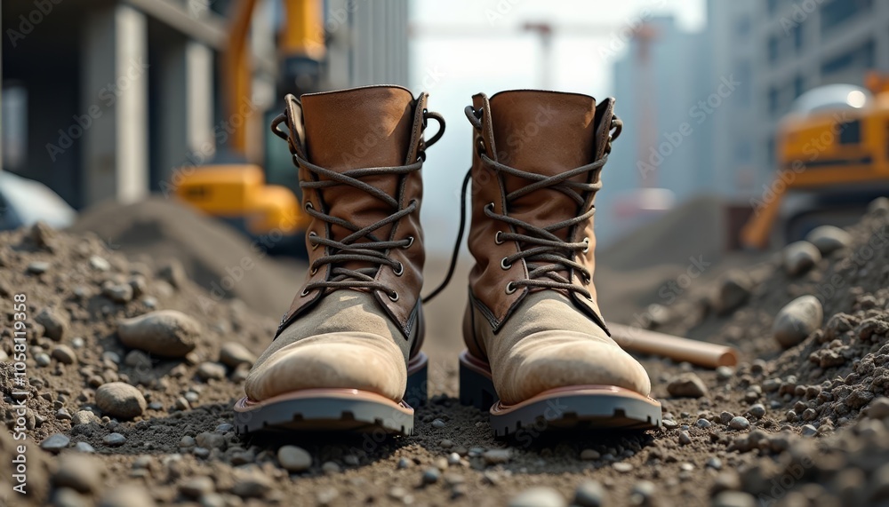 Ready for the job site Rugged boots amidst heavy machinery Ready for the job site Rugged boots amidst heavy machinery