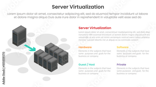 server technology infographic template banner with server virtualization concept with isometric server illustration with 4 point list for slide presentation