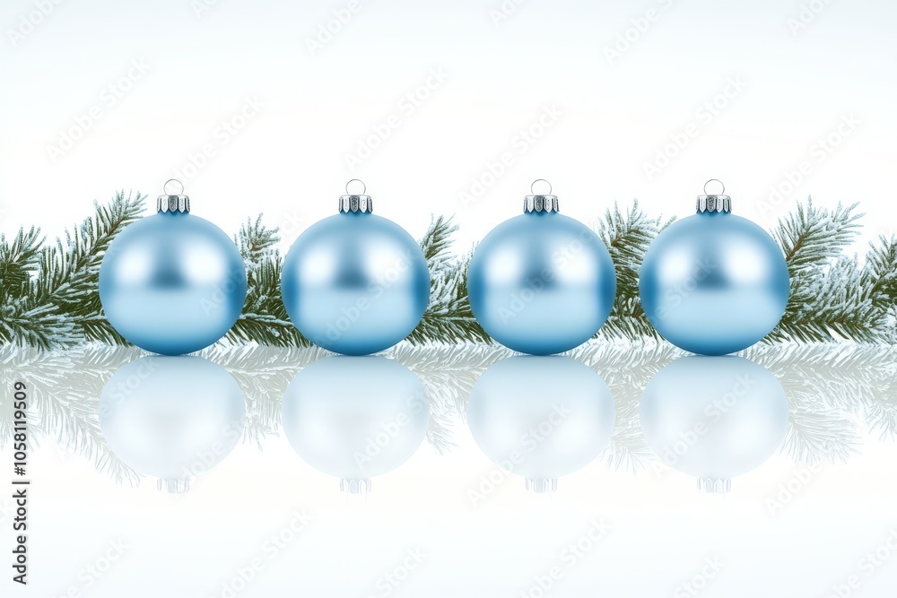 Row of large blue baubles resting on pine branches emphasizing traditional holiday aesthetics with cool elegance and reflective textures