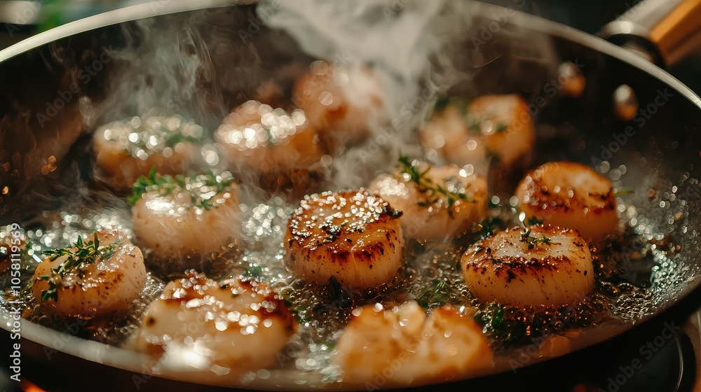 Fresh Scallops Being Seared in Hot Pan