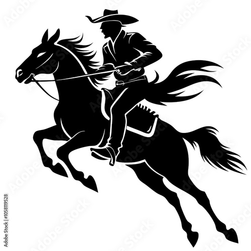 Cowboy Silhouette on Horseback:  A striking silhouette of a cowboy riding his steed in a dynamic leap.  This powerful image evokes the spirit of the American West and the freedom of the open range. 