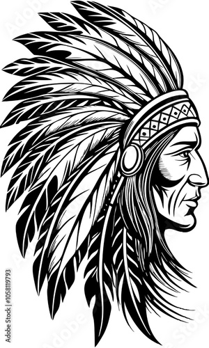 Native American Chief Profile: A powerful and evocative profile of a Native American chief, adorned in traditional headdress, captured in a bold, graphic style. This image evokes heritage, strength.