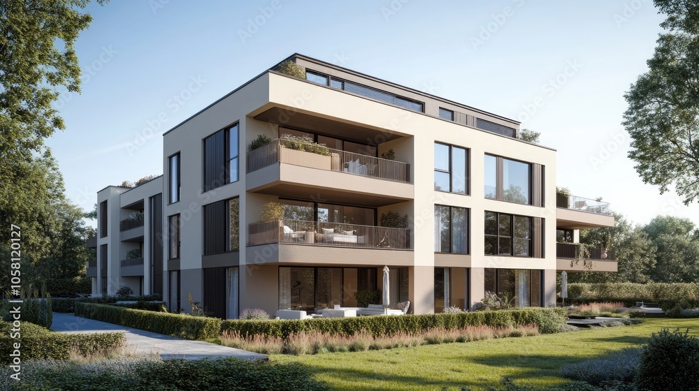 Fototapeta premium Elegant Modern Residential Building in 3D Illustration