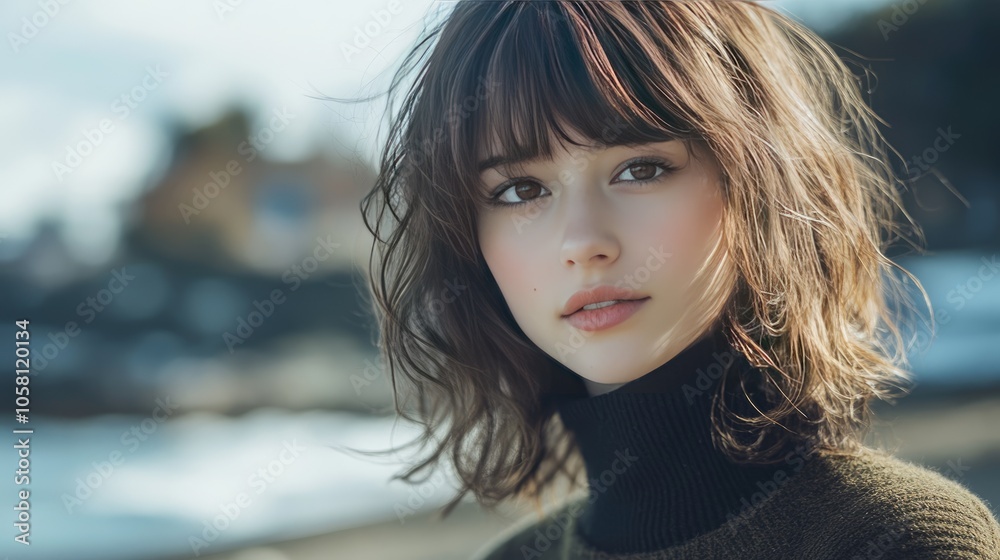 Young Woman with Wavy Hair by the Ocean Coastline Young Woman with Wavy Hair by the Ocean Coastline
