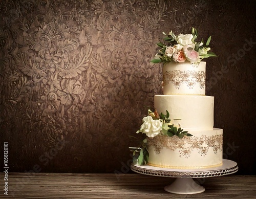 elegant 3 tier wedding cake with flowers on display against a vintage wall  photo