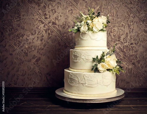 elegant 3 tier wedding cake with flowers on display against a vintage wall 