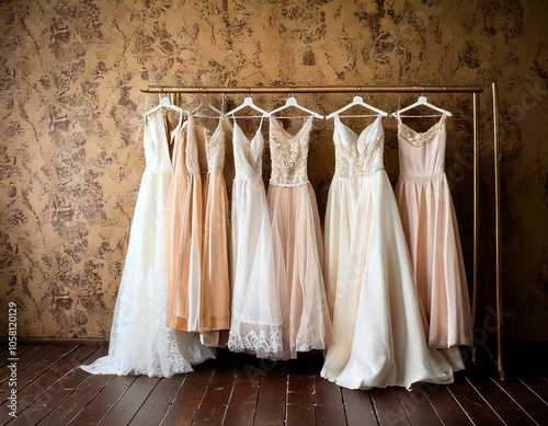 a row of elegant vintage inspired wedding dresses on rail in boutique  photo