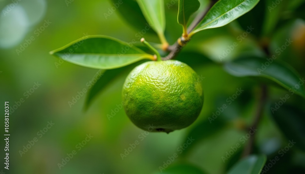 Freshness in bloom A vibrant lime on a leafy branch Freshness in bloom A vibrant lime on a leafy branch