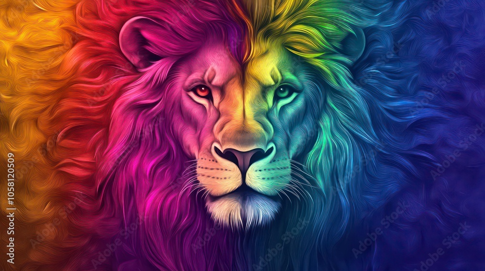 A colorful lion with a rainbow mane looking directly at the viewer. A colorful lion with a rainbow mane looking directly at the viewer.