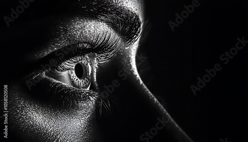 Close up view of human eye looking away in darkness, panoramic shot.