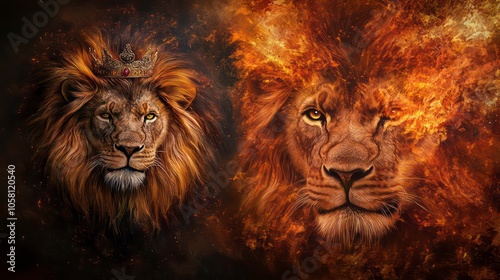 The Lion King A Majestic Portrait of a Crowned Lion in Fiery Embers, lion, king, portrait