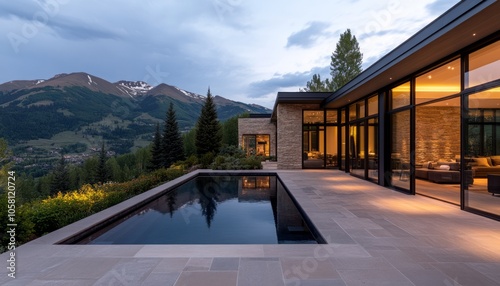 Modern home with a pool overlooking mountains at dusk.