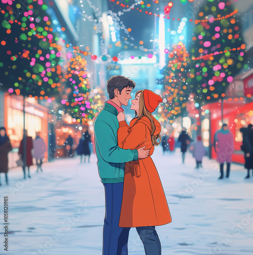 Couple hugging on the street anime cartoon,  Christmas atmosphere
 photo