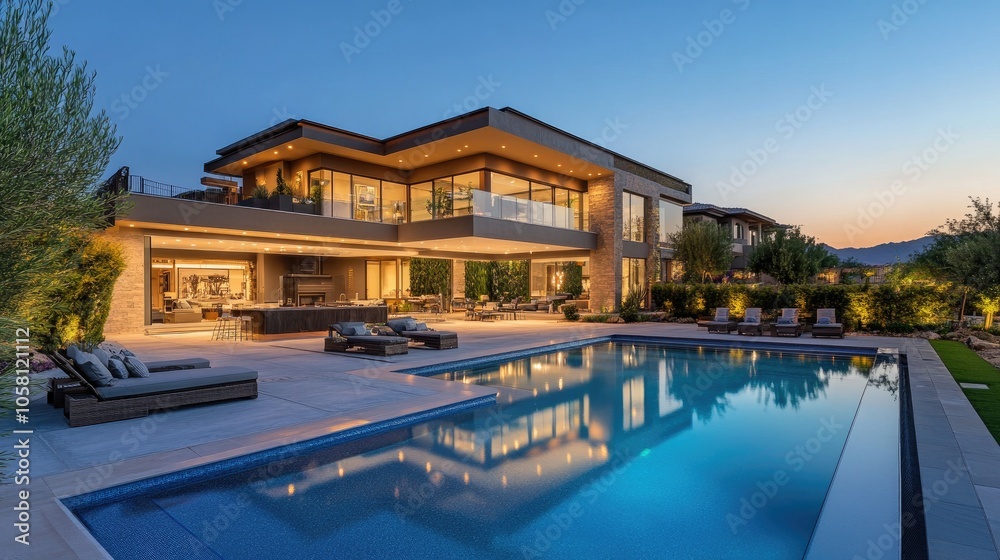 Luxurious Modern House Exterior with Pool and Relaxation Area Luxurious Modern House Exterior with Pool and Relaxation Area
