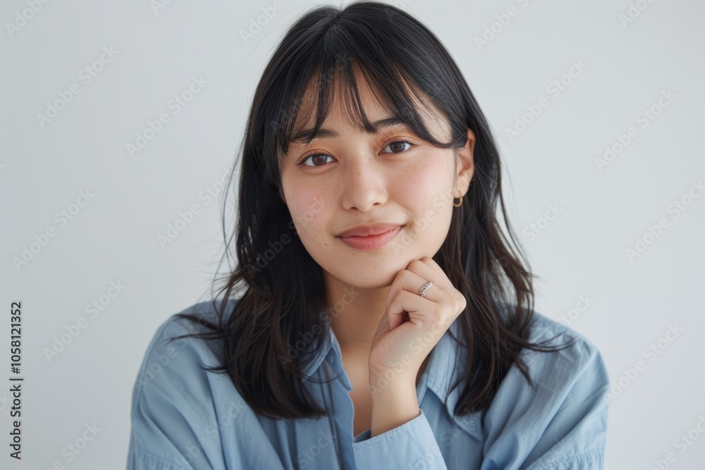 soft features long hair, smiles gently woman while wearing blue shirt against simple plain background. Her relaxed posture calm expression convey sense of ease natural beauty. soft features long hair, smiles gently woman while wearing blue shirt against simple plain background. Her relaxed posture calm expression convey sense of ease natural beauty.