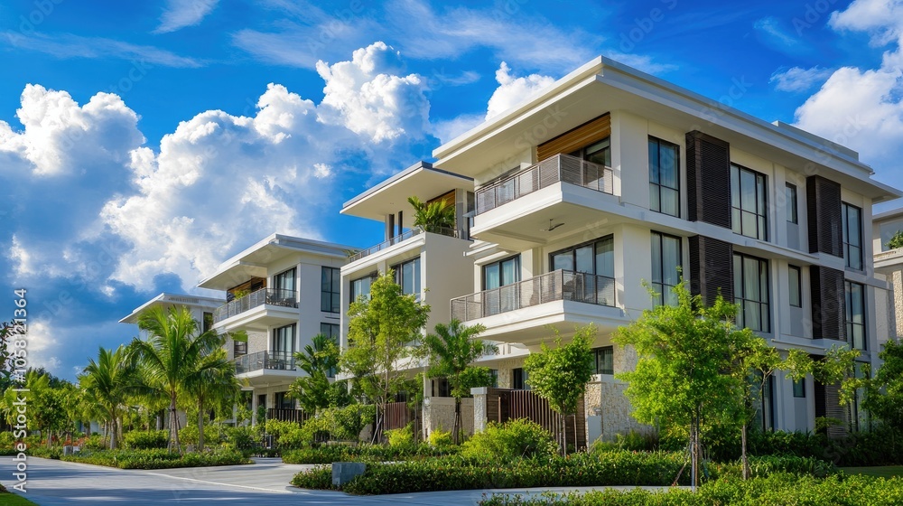 Modern Three-Story Duplex Building with Lush Surroundings Modern Three-Story Duplex Building with Lush Surroundings