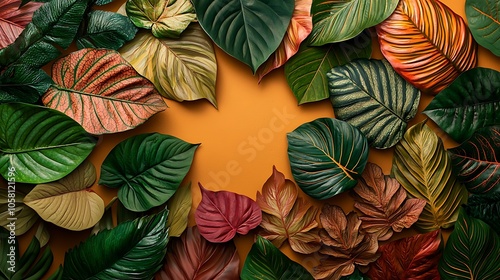 Wallpaper Mural Colorful tropical leaves arranged decoratively on a warm, neutral background. Torontodigital.ca
