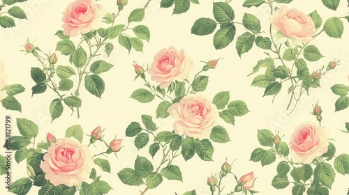 Wallpaper Mural Seamless pattern of pink roses and green leaves on a light yellow background. Torontodigital.ca