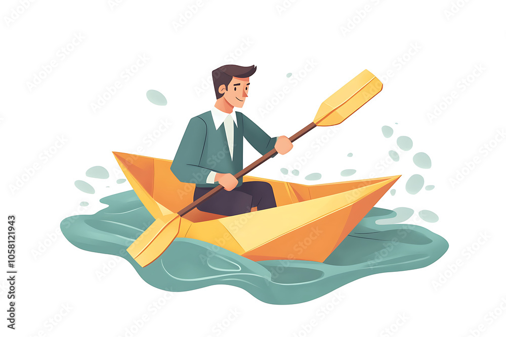 Businessman in a paper boat with an oar in hands. Isolated illustration Businessman in a paper boat with an oar in hands. Isolated illustration