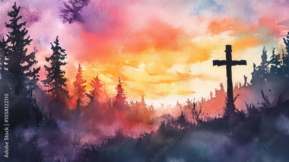 Watercolor painting of a cross silhouetted against a vibrant sunset with a forest in the background. Watercolor painting of a cross silhouetted against a vibrant sunset with a forest in the background.