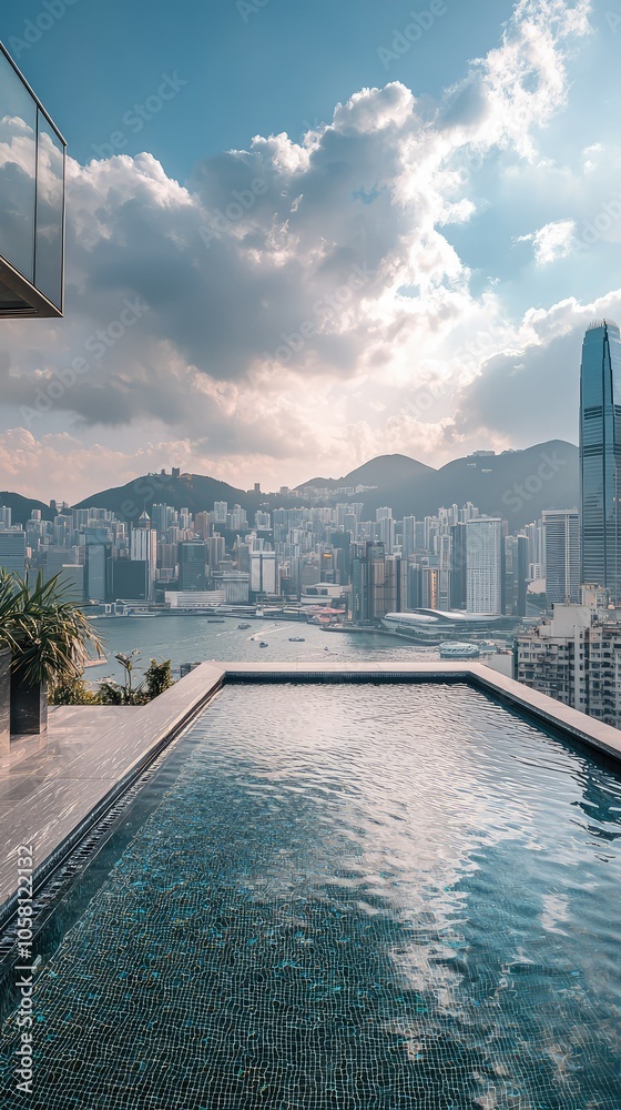Naklejka premium Dramatic Rooftop Infinity Pool Overlooking Cityscape