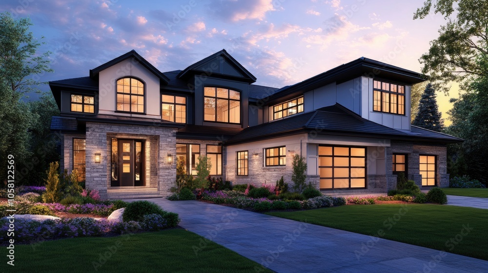 Contemporary Home 3D Rendering at Dusk Contemporary Home 3D Rendering at Dusk