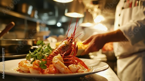 Chef Serving Dynamic Seafood Dish in Kitchen Setting