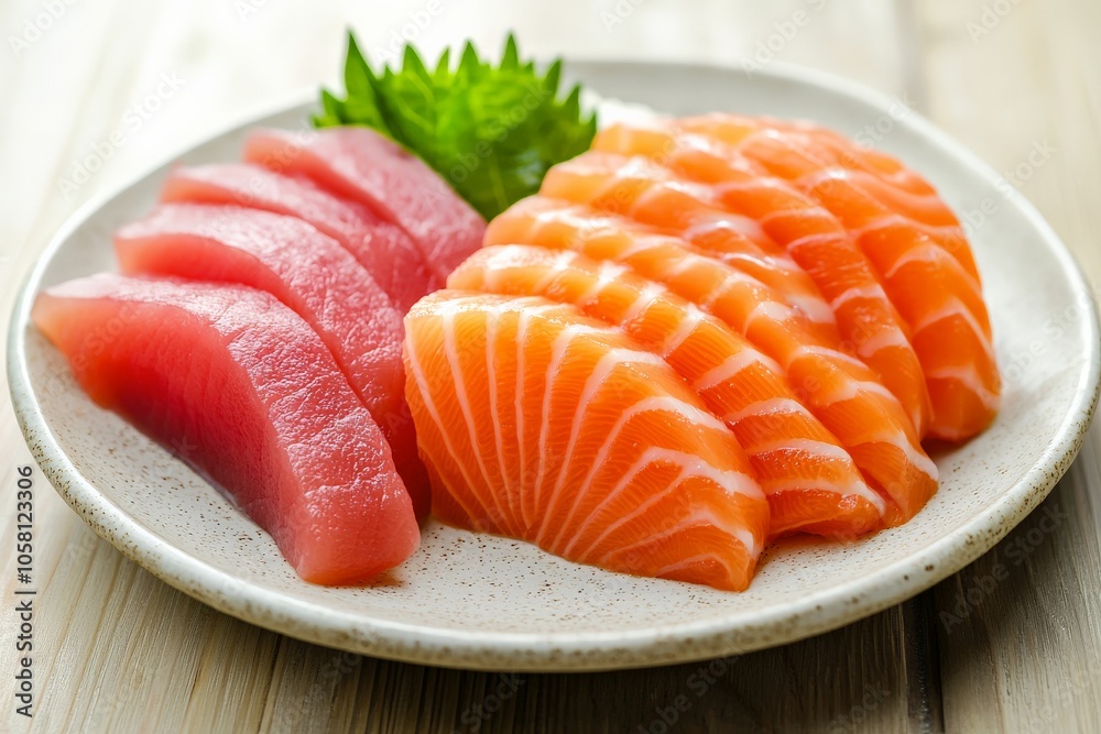 Close-up of Fresh Sashimi under soft studio lighting, featuring salmon, tuna, and yellowtail on a minimalist white plate Close-up of Fresh Sashimi under soft studio lighting, featuring salmon, tuna, and yellowtail on a minimalist white plate