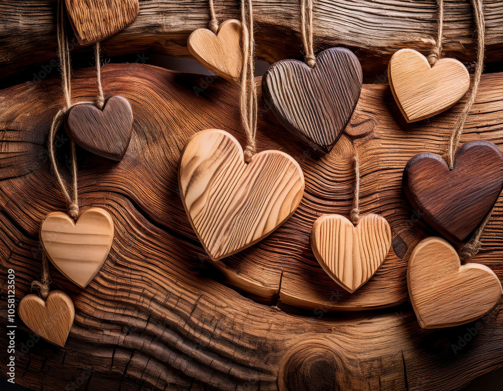 Obraz premium Wooden hearts on a old wooden background. Valentines day background.