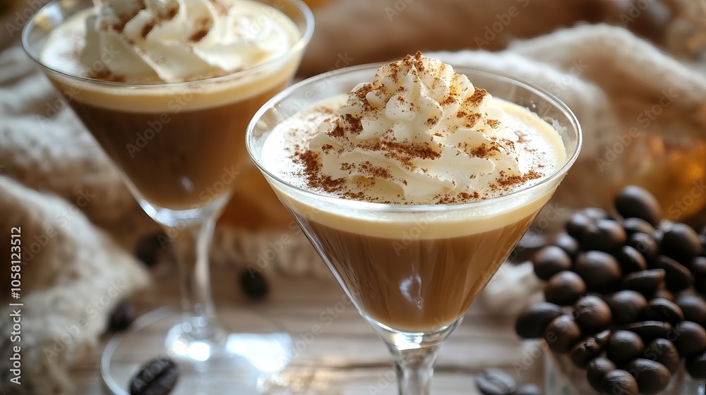 A delicious espresso martini cocktail with a frothy layer of cream on top, drink, cocktail, martini, espresso, coffee, alcohol A delicious espresso martini cocktail with a frothy layer of cream on top, drink, cocktail, martini, espresso, coffee, alcohol