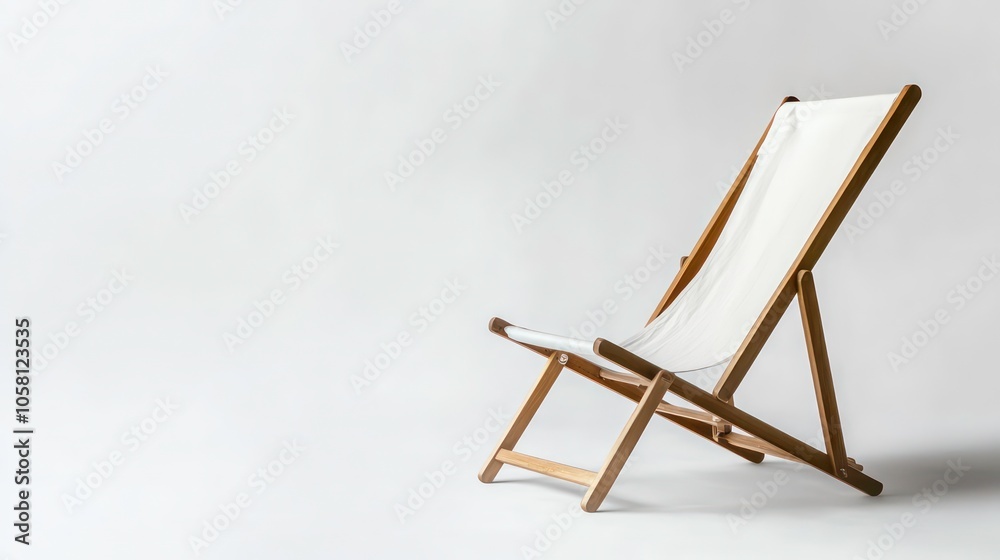 A white beach chair with wooden frame on a white background. A white beach chair with wooden frame on a white background.