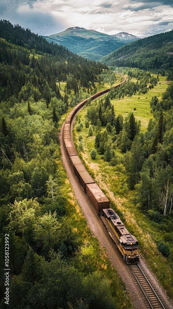 Scenic Freight Train Passing Through Lush Green Landscape Scenic Freight Train Passing Through Lush Green Landscape